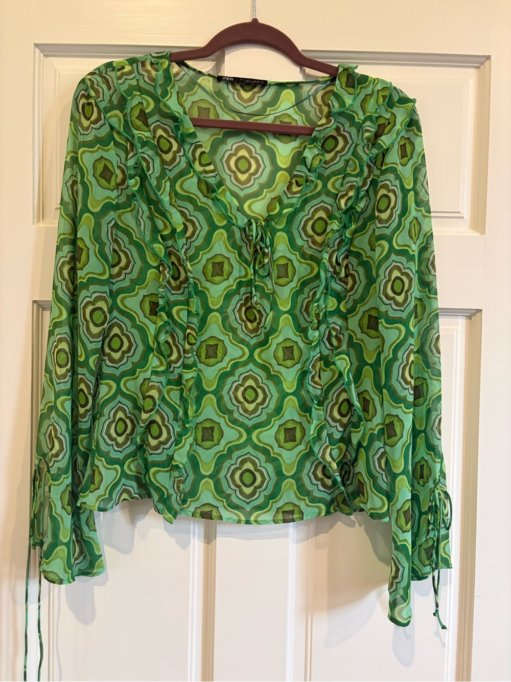 Zara Green Multi-Pattern Ruffle Tie-Neck Blouse